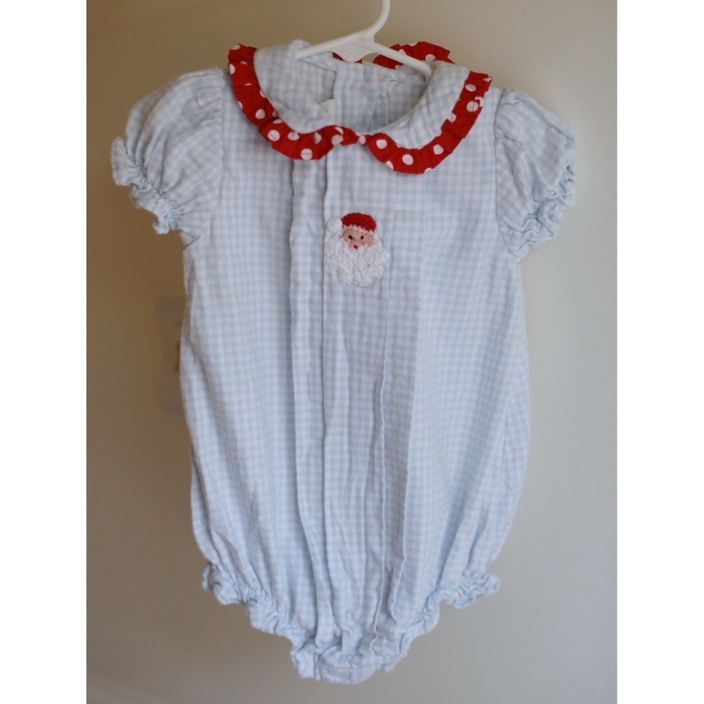 Zuccini Christmas Santa Gingham Collared Romper 9M Light Blue 100% Cotton